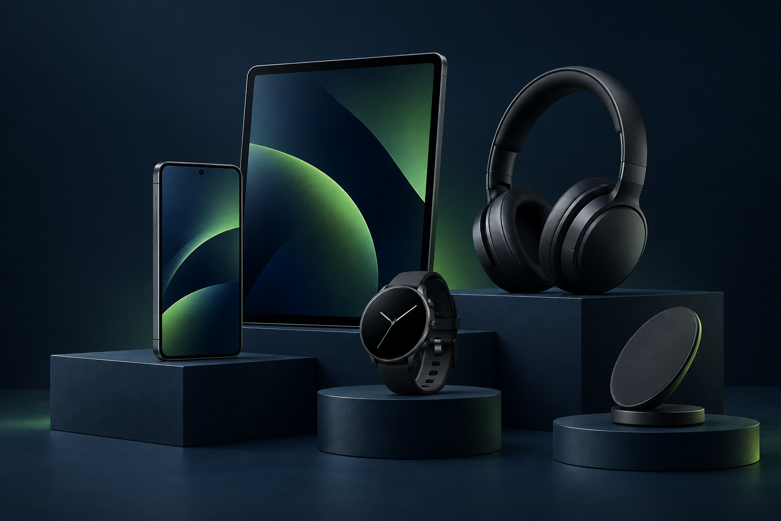 Illustrative ENZCOM Gerätewelt mit Smartphone, Tablet, Smartwatch, Kopfhörer und Ladestation