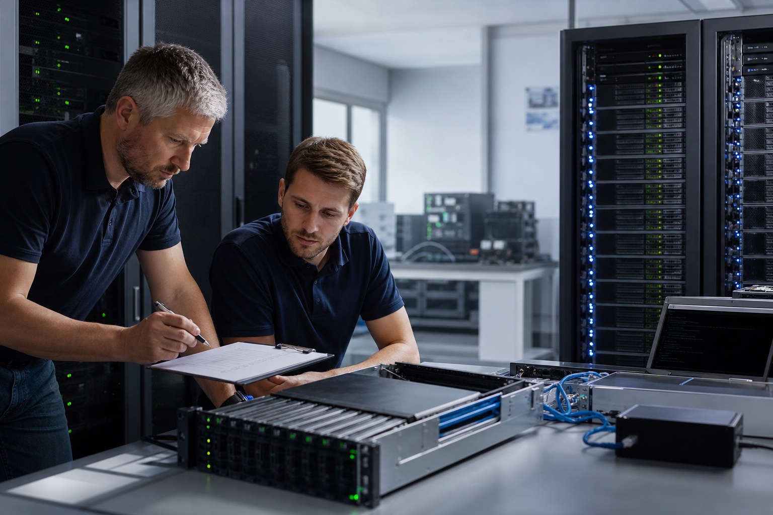 Techniker prüfen in einer getrennten Testumgebung die Wiederherstellbarkeit gesicherter Systeme