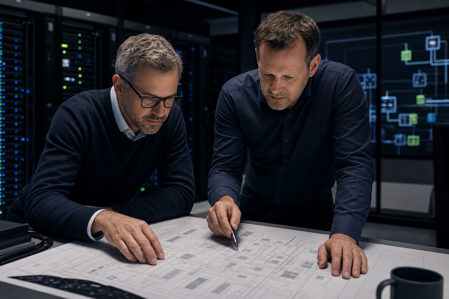Zwei Infrastrukturarchitekten analysieren gemeinsam eine komplexe Systemlandschaft