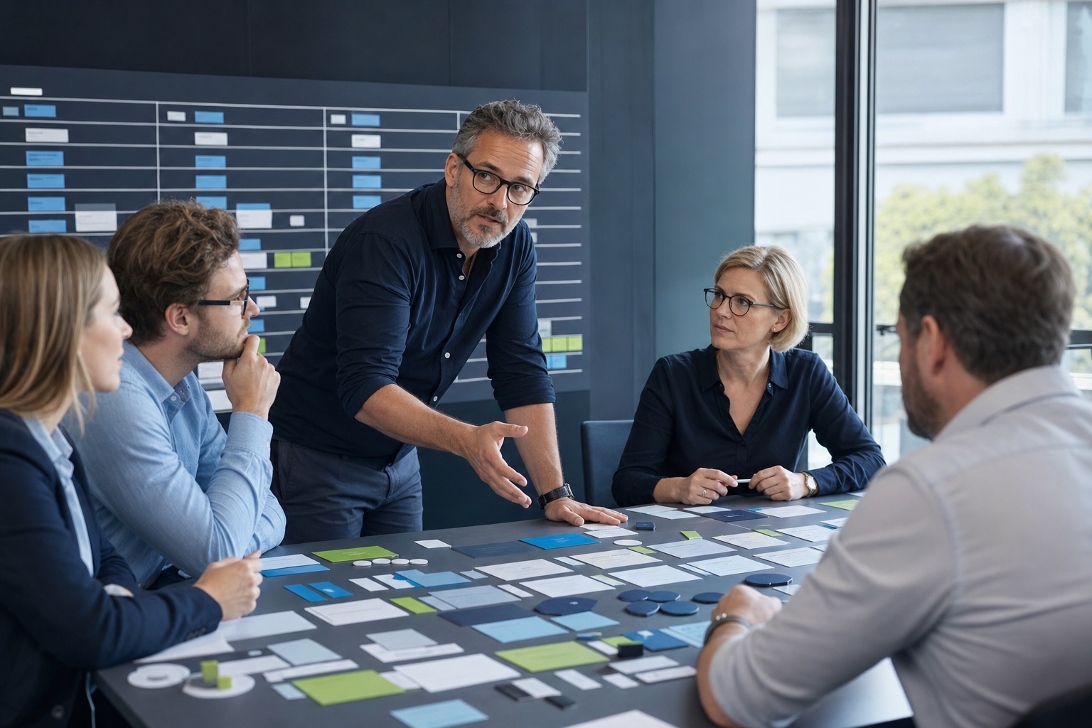 Ein Projektleiter führt technische und fachliche Beteiligte durch eine gemeinsame Entscheidung